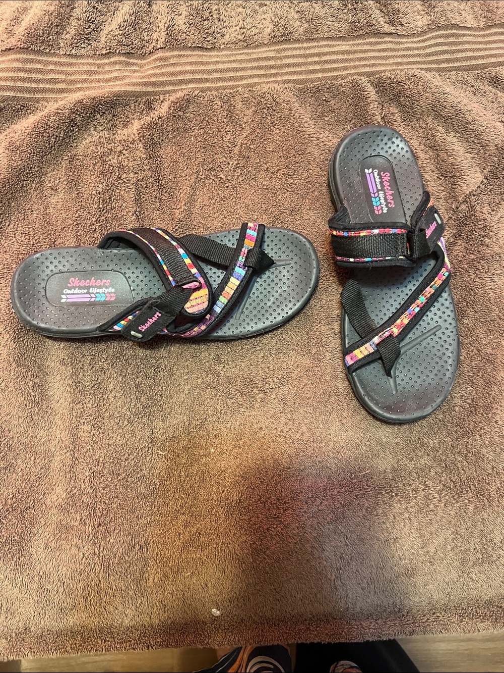 Skechers Black Slide Sandals with Multicolor Stripe Details